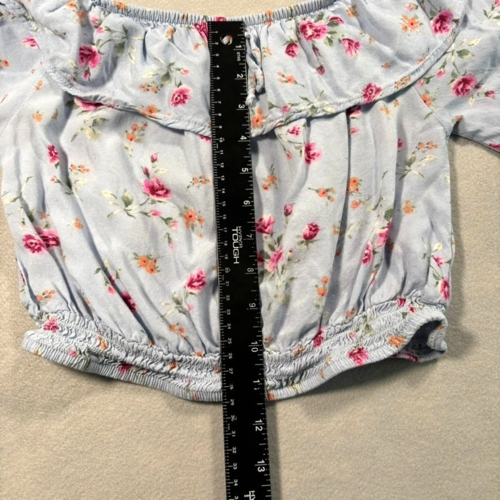 Blue Pink Floral‎ Ruffle Crop Top Long Sleeve M Cottagecore Coquette Feminine - Picture 7 of 11